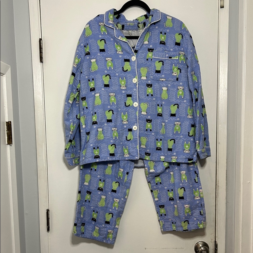 Sleep Tight Adult L Black and White Cat Pajama 2 Piece Set Flannel 100% Cotton